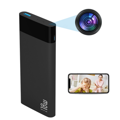 Single slim black power bank with glossy top, blue USB-A port, side button, "18W" text and a large camera lens graphic.