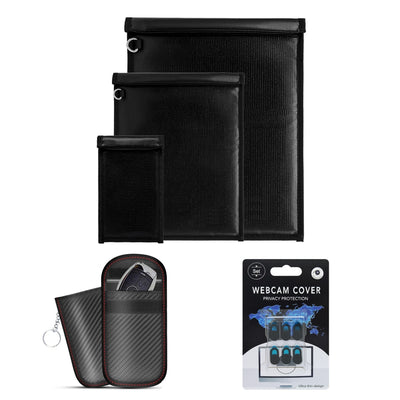 Set of black privacy covers for electronic devices with packaging on a white background