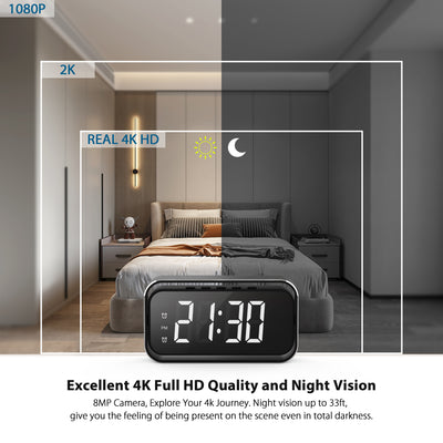 Smart Alarm Clock Spy Camera 1080P/2K/4K Full HD with Remote Night Vision & Motion Detection