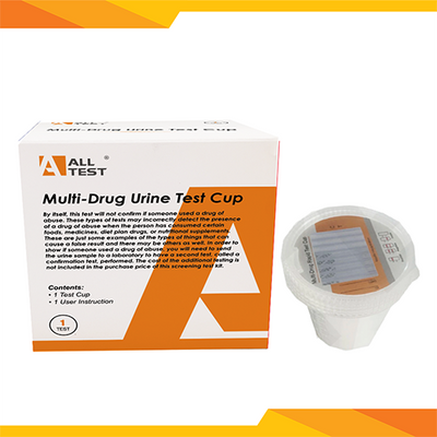 AllTest white and orange box beside one clear plastic urine test cup with tan lid and visible strip.