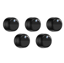 Five black smart home mini cameras on a white background