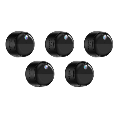 Five black smart home mini cameras on a white background