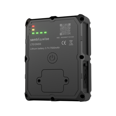 Single black rectangular GPS tracker with LED indicators, power button, and visible label details.