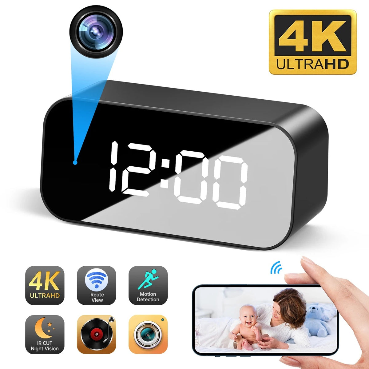 Tuya Series] 4K Table Alarm Clock Camera with Night Vision and Remote