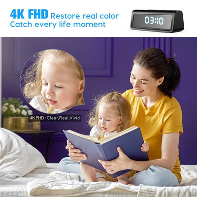 [Tuya Series] 4K Mini Desktop Clock Camera with Invisible Lens, Motion Detection and Night Vision