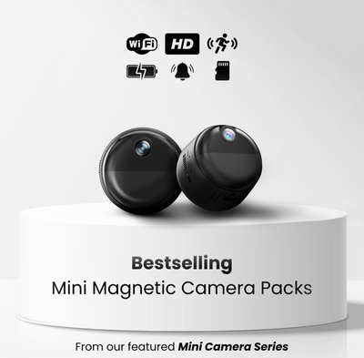 Two black mini magnetic camera packs on a white platform with icons and text indicating features.