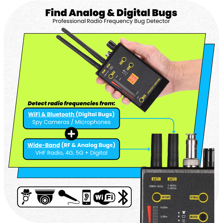 Military-Grade 5G Bug Detector: RF, Hidden Camera, Digital/Analog Bug Finder