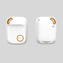 Two white rectangular personal alarm devices with orange accents, showing front SOS button and back view.