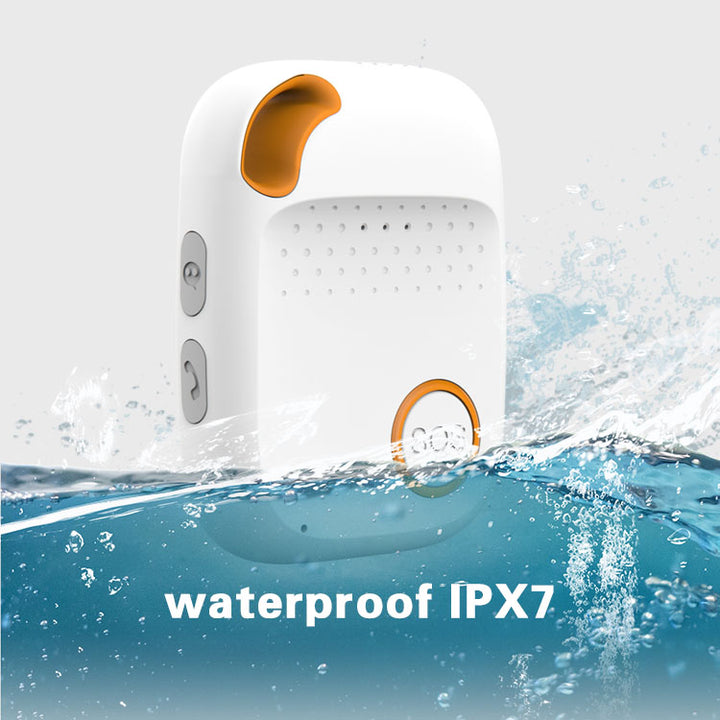 White and orange rectangular personal alarm device with buttons, partially submerged in splashing water.