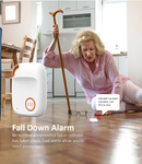 Elderly woman on floor with a walking cane, reaching for a small white SOS alarm device in a kitchen.