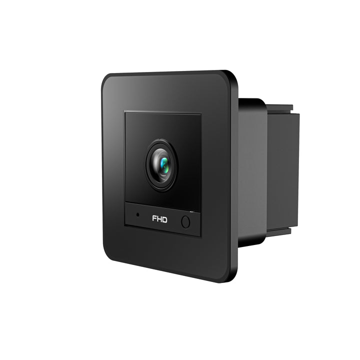Single black square-shaped camera with FHD label, lens centered, shown against a white background.