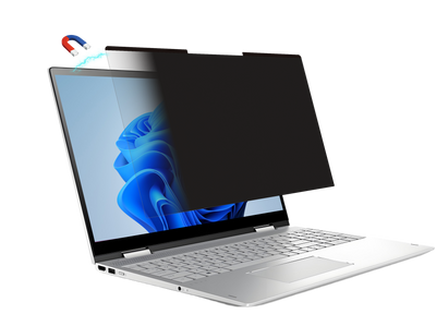 Silver laptop with black magnetic privacy screen covering right half of display and red-blue magnet.