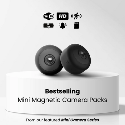 Product features image showcasing the features of the Mini Magnetic Camera - and the available multipacks, from the Mini Camera Series.