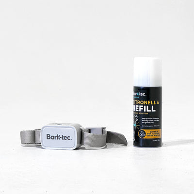 Close-up view of the Barktec Citronella Spray Collar and reflll bottle