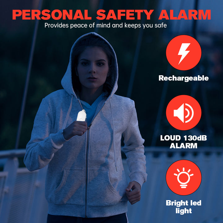 Infographic explaining the features of the device including rechargeable, loud 130dB alarm, bright LED Light with women holds device. - The Spy Store
