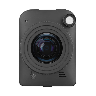 Front view of a single black rectangular camera with a large lens and a small silver button on the top right.