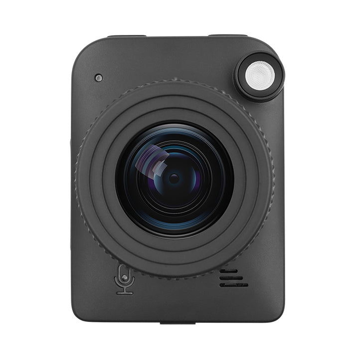 Front view of a single black rectangular camera with a large lens and a small silver button on the top right.