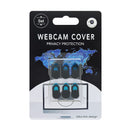Set of six black and blue sliding webcam covers in plastic packaging on a printed display card.