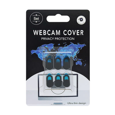 Set of six black and blue sliding webcam covers in plastic packaging on a printed display card.