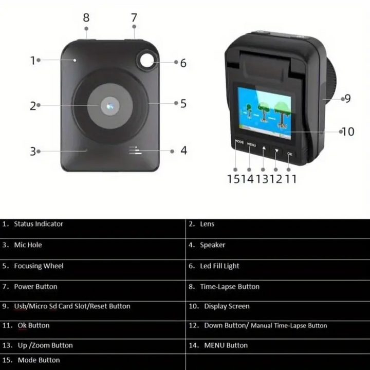Two black rectangular time lapse cameras, one showing lens and buttons, the other showing the rear color screen.
