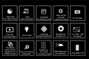 Grid of sixteen white icons on black, each showing a feature of a 4K time lapse camera, such as waterproofing.