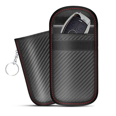 Two black carbon-fiber pattern pouches with red stitching, one holding a car key fob and keyring attached.