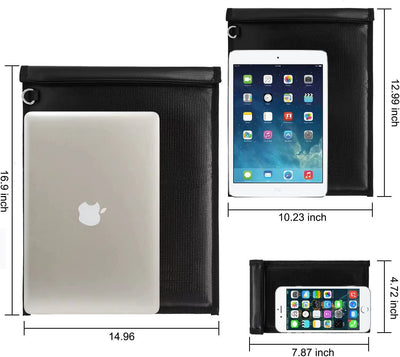 Black waterproof pouch with measurements and items inside