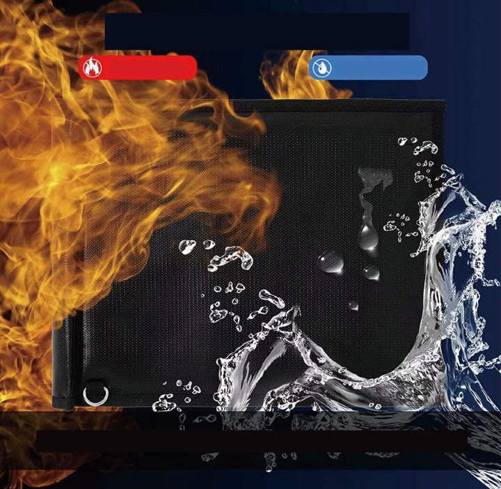 Black rectangular safety blanket with metal ring, shown with flames on one side and water splashing on the other.