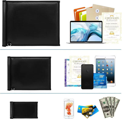 Black wallet with various items including a laptop, tablet, phone, cards, and money on a white background.