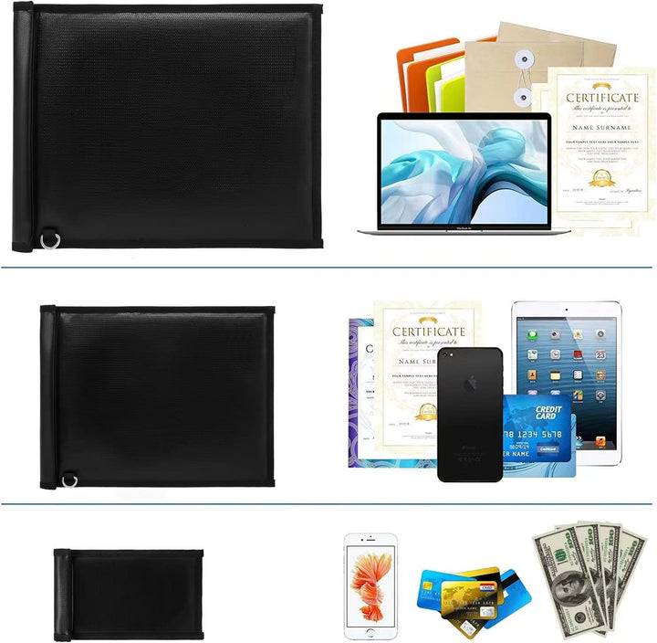 Black wallet with various items including a laptop, tablet, phone, cards, and money on a white background.