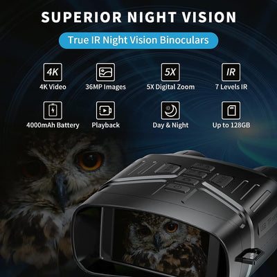 4K Night Vision Binoculars with Large Screen & Rechargeable Lithium Battery (Black & White NV)