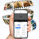 Hand holding a smartphone displaying camera playback, with film strips showing reptiles and aquariums in the background.