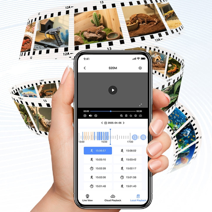 Hand holding a smartphone displaying camera playback, with film strips showing reptiles and aquariums in the background.