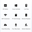 Nine black icons on a white background showing camera features: HD, close-up, live view, WiFi, TF card, remote playback, cloud, audio, motion.