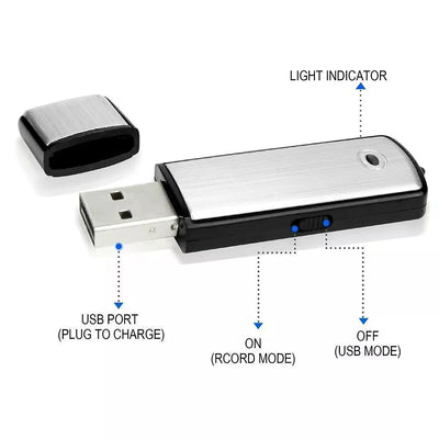 Silver 32 GB USB Flash Drive Digital Voice Recorder X-09 - On/OFF Switch - The Spy Store
