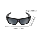 Front-facing view of black surveillance sunglasses with product dimensions. H:46.5mm W:167mm L: 177mm