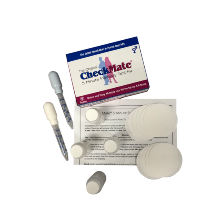 CheckMate Infidelity Home Test Kit with dropper, box, manual and liquids