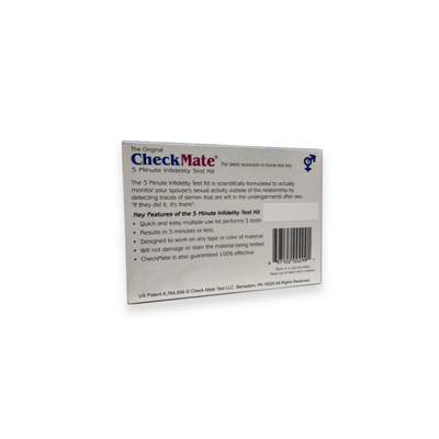 CheckMate Infidelity Test Kit back view packaging with CheckMate logo and words 