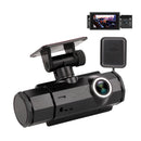 Displaying the dashcam at an angle with mount-on, GPS add-on attached and a view of the in-build screen in the corner.