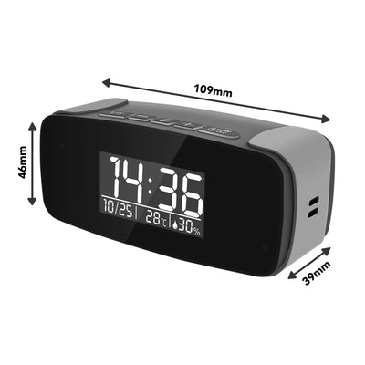 3D view of Camera Clock indicating the 46mm H x 39mm D x 109mm W.