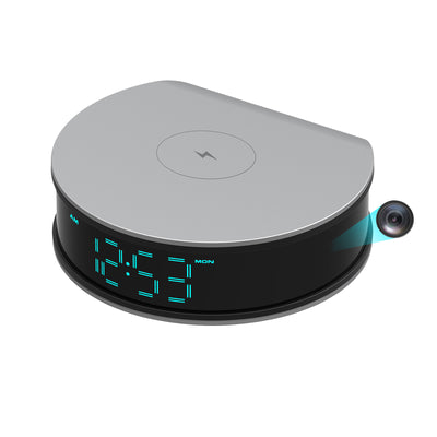 TheSpyStore smart clock camera showing LED time display and hidden camera function  