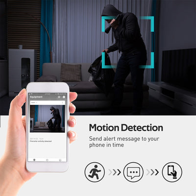  TheSpyStore smart clock camera showing identified intruder in black clothing hand holding iphone and motion detection function with icons