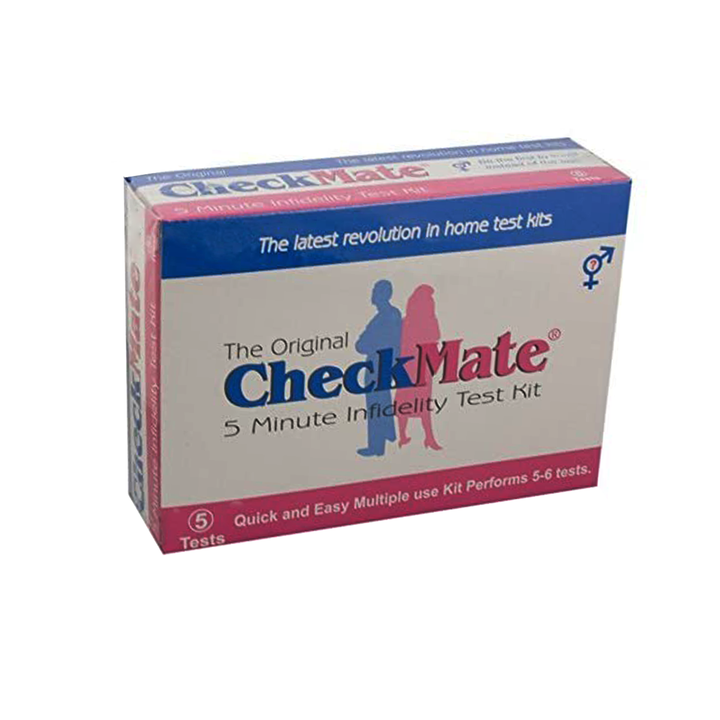 CheckMate Infidelity Home Test Kit front of packaging blue pink and white